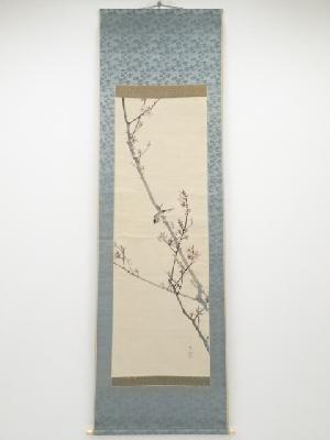 長谷川玉峰筆　桃花鳥図　肉筆紙本掛軸（保護箱）□z